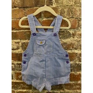 Yellow Bird VINTAGE Blue WhiteTrain Conductor Stripes Overall Bib Shorts Baby/To